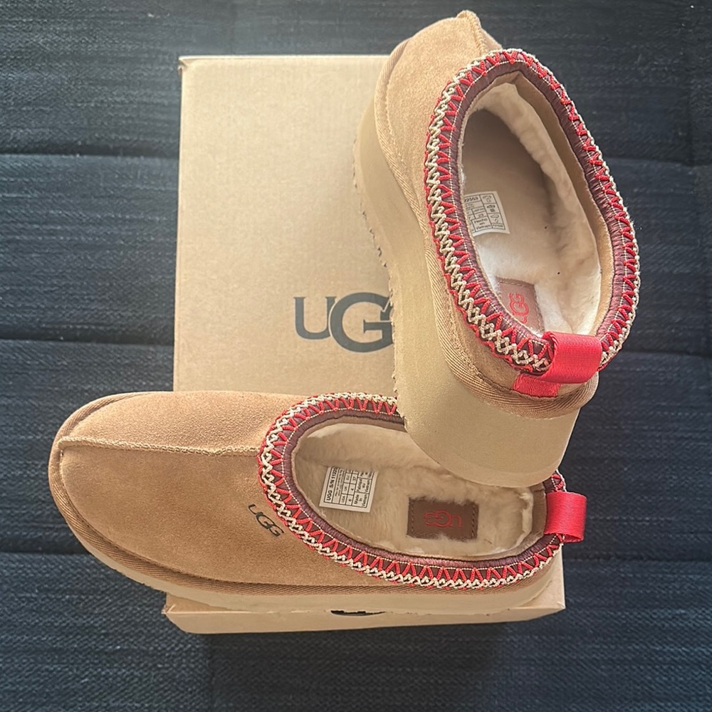 UGG Tan and Red Slippers with Vibrant Accents